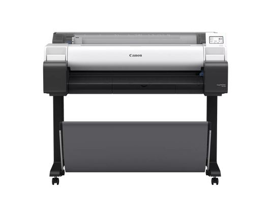 Canon imagePROGRAF TM-600 36-inch large format technical documents printer on stand with output basket, front view