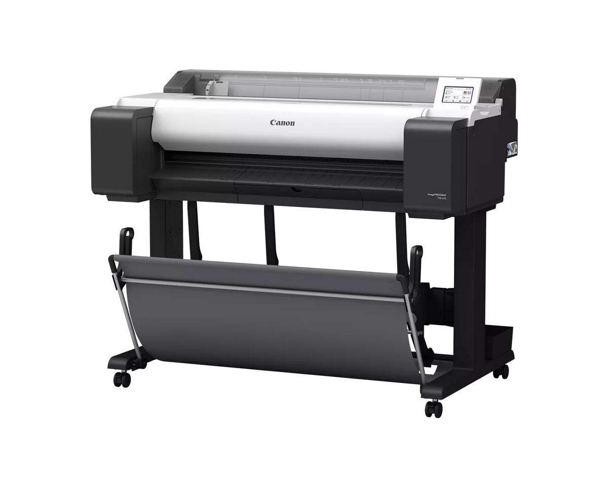Canon imagePROGRAF TM-610 36-inch technical documents printer at an angle, on a wheeled stand with output basket