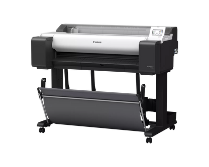 Canon imagePROGRAF TM-610 36-inch technical documents printer at an angle, on a wheeled stand with output basket