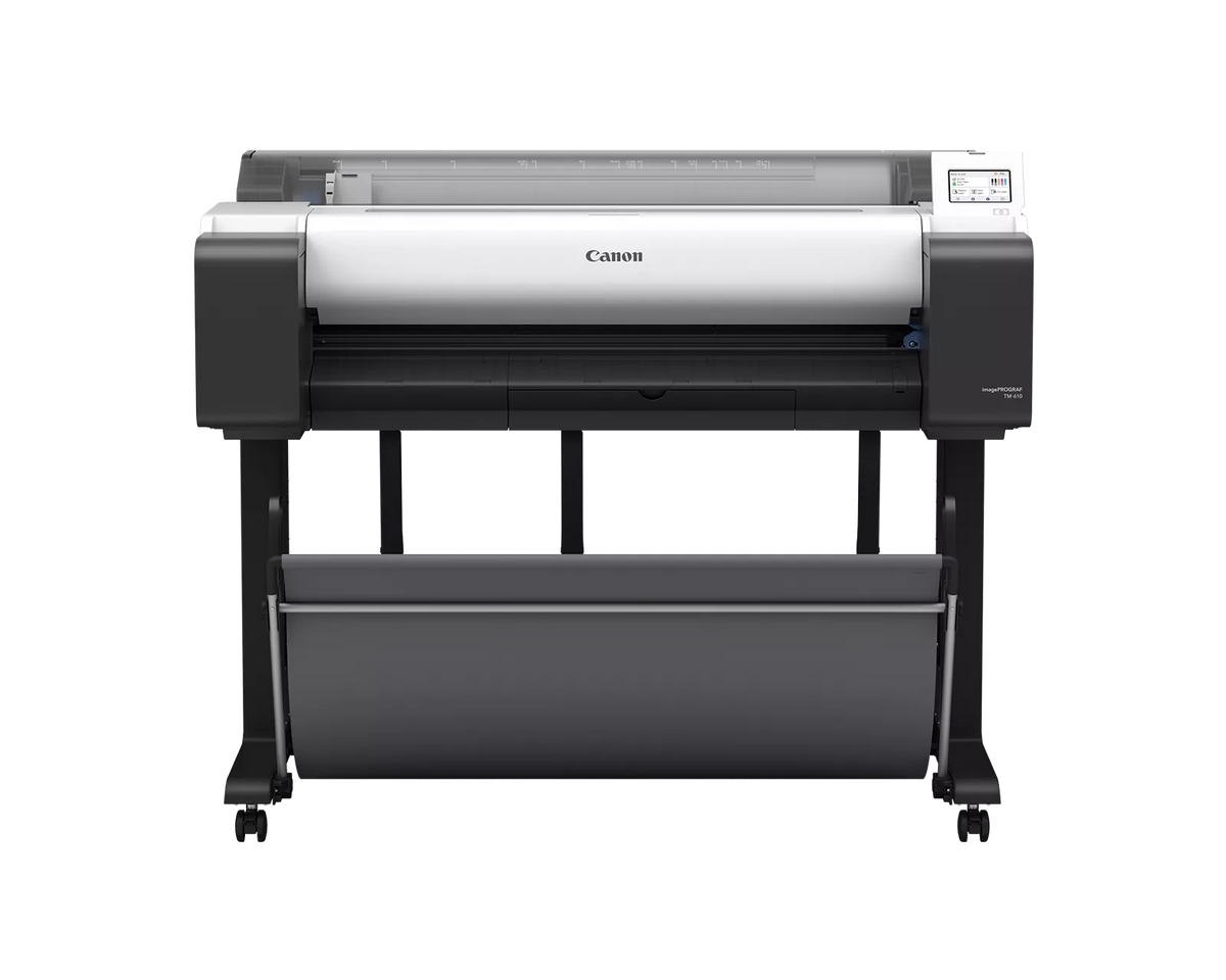 Canon imagePROGRAF TM-610 36-inch large format technical documents printer on stand with output basket, front view