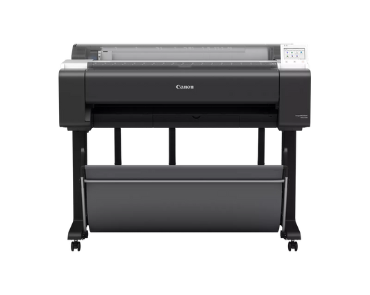 Canon imagePROGRAF TM-610M 36-inch large format multifunction printer with integrated scanner, on stand with output basket, front view