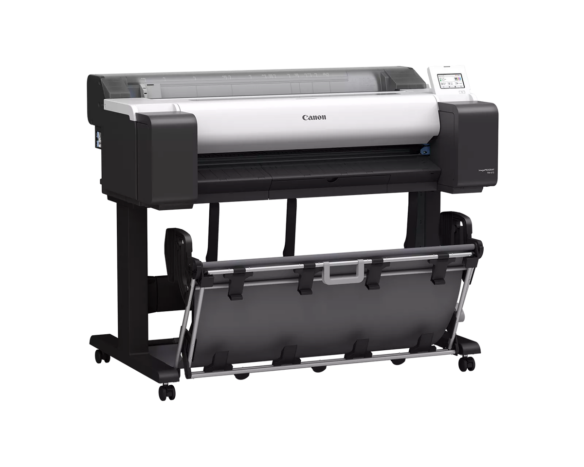 Canon imagePROGRAF TM-615 36-inch technical documents printer at an angle, on a wheeled stand with heavy-duty output basket