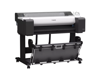 Canon imagePROGRAF TM-615 36-inch technical documents printer at an angle, on a wheeled stand with heavy-duty output basket