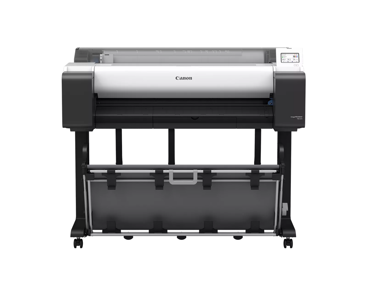 Canon imagePROGRAF TM-615 36-inch large format technical documents printer on stand with heavy-duty output basket, front vie