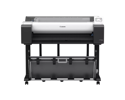 Canon imagePROGRAF TM-615 36-inch large format technical documents printer on stand with heavy-duty output basket, front vie