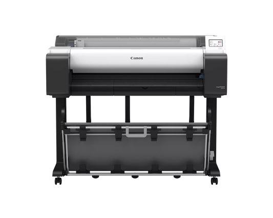 Canon imagePROGRAF TM-615 36-inch large format technical documents printer on stand with heavy-duty output basket, front vie
