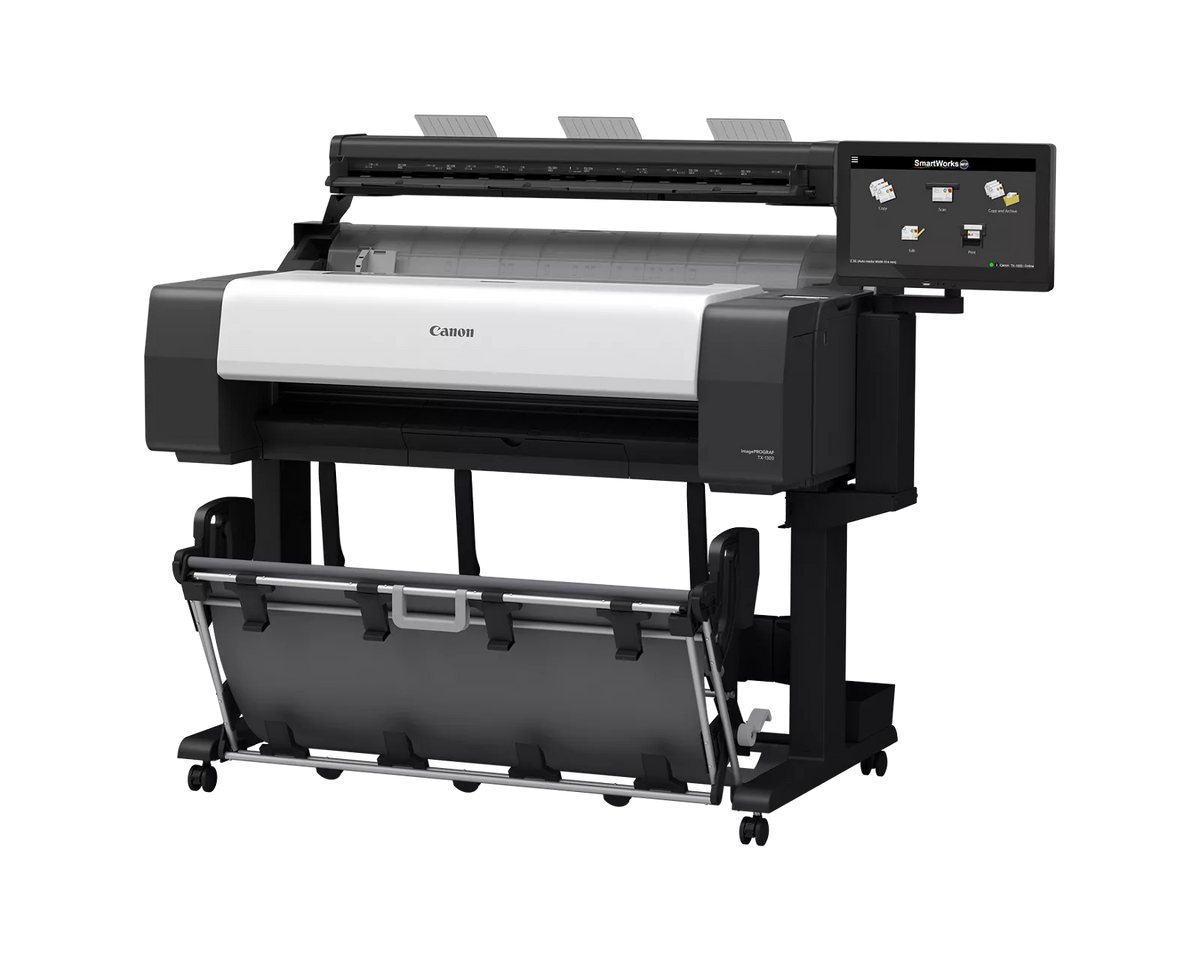 Canon imagePROGRAF TX-1300 MFP Z36 36-inch technical documents printer and scanner at an angle, on a wheeled stand with output basket