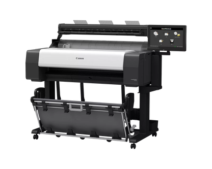 Canon imagePROGRAF TX-1300 MFP Z36 36-inch technical documents printer and scanner at an angle, on a wheeled stand with output basket