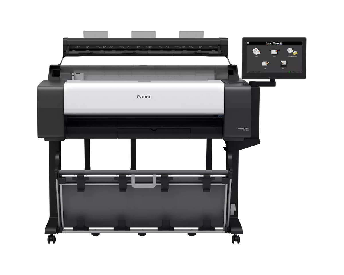Canon imagePROGRAF TX-1300 MFP Z36 36-inch large format multifunction printer with Z36 scanner, SmartWorks touchscreen, stand and output basket, front view