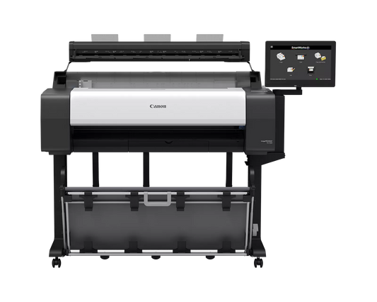Canon imagePROGRAF TX-1300 MFP Z36 36-inch large format multifunction printer with Z36 scanner, SmartWorks touchscreen, stand and output basket, front view