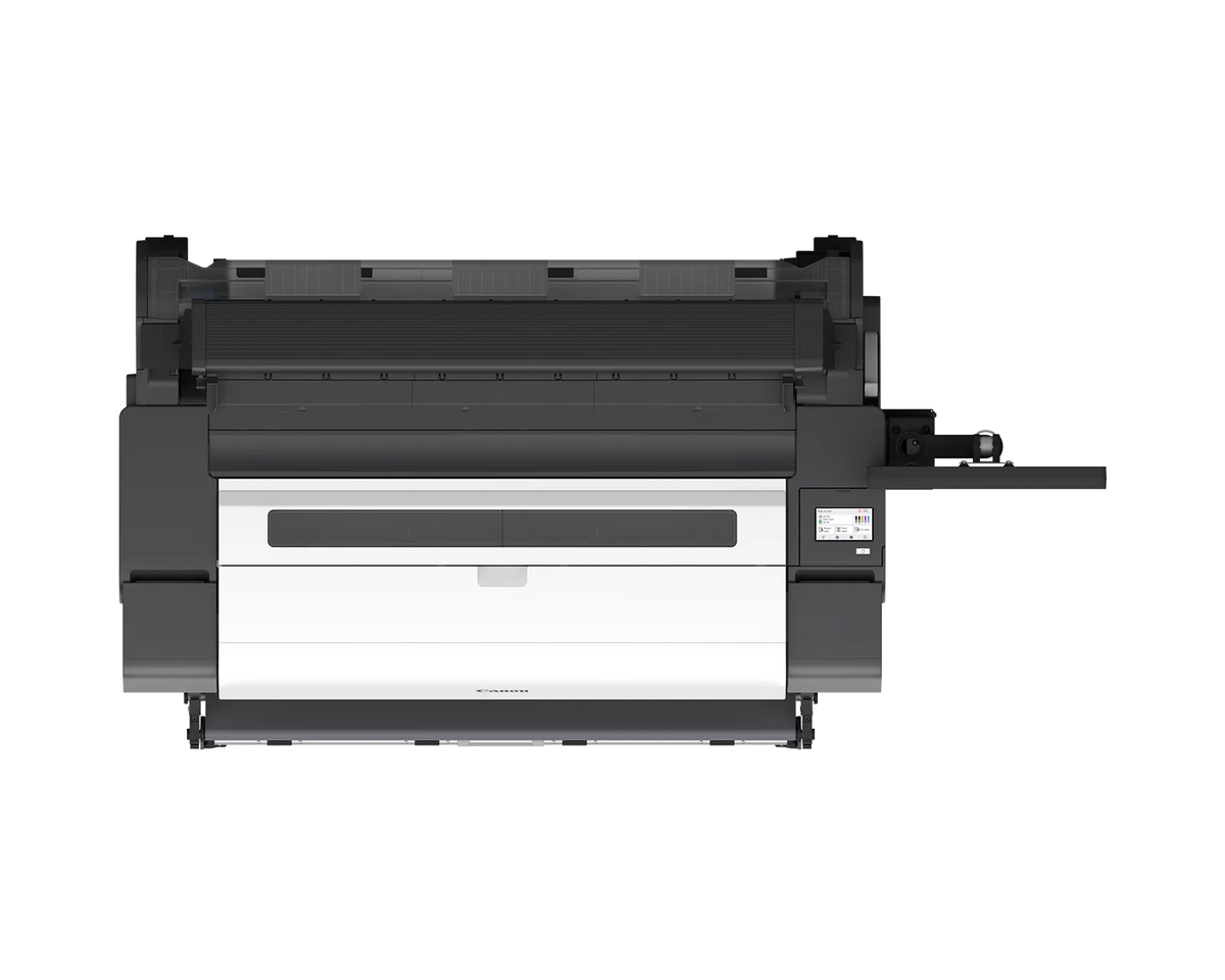 Top view of the Canon imagePROGRAF TX-1300 MFP Z36 showing the Z36 scanner, roll paper unit and touchscreen mount