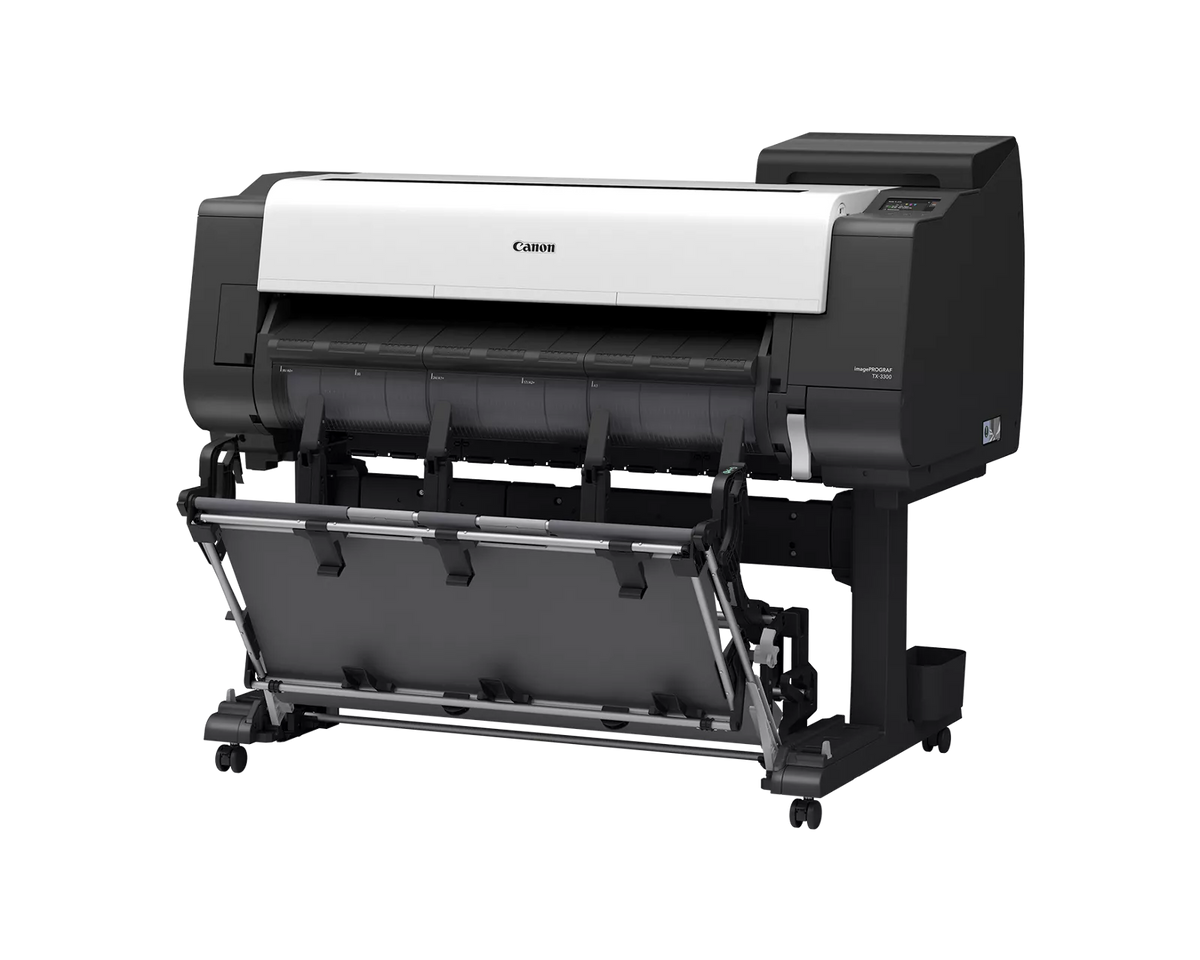 Canon imagePROGRAF TX-3300 36-inch technical documents printer at an angle, on a wheeled stand with output basket