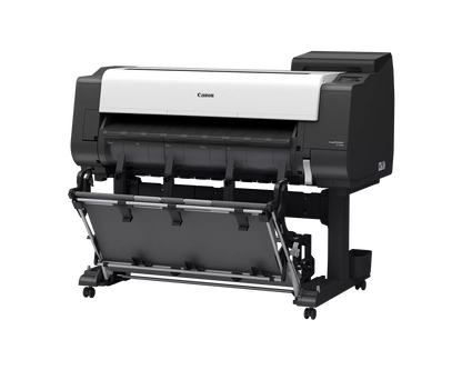 Canon imagePROGRAF TX-3300 36-inch technical documents printer at an angle, on a wheeled stand with output basket