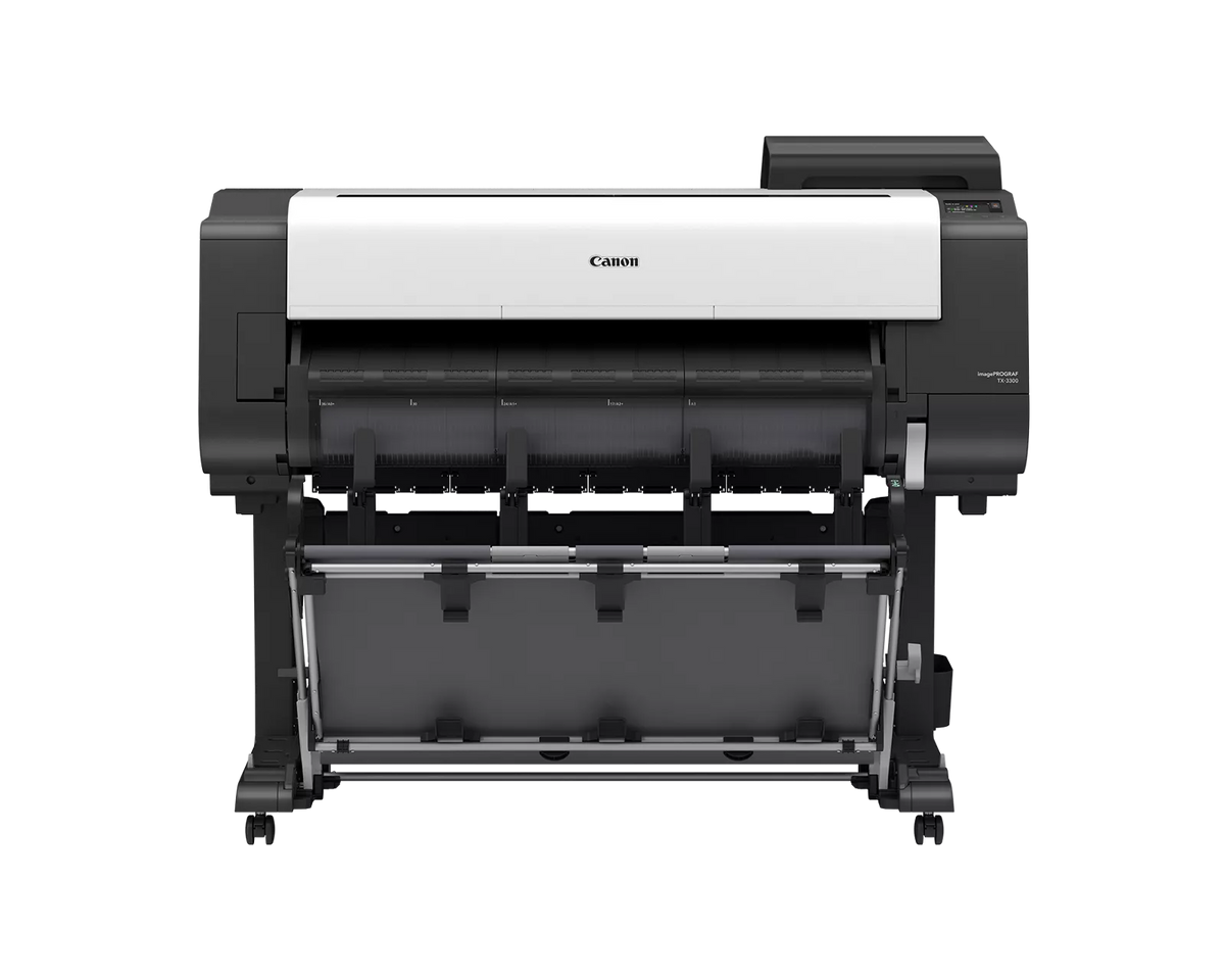 Canon imagePROGRAF TX-3300 36-inch large format technical documents printer on stand with output basket, front view
