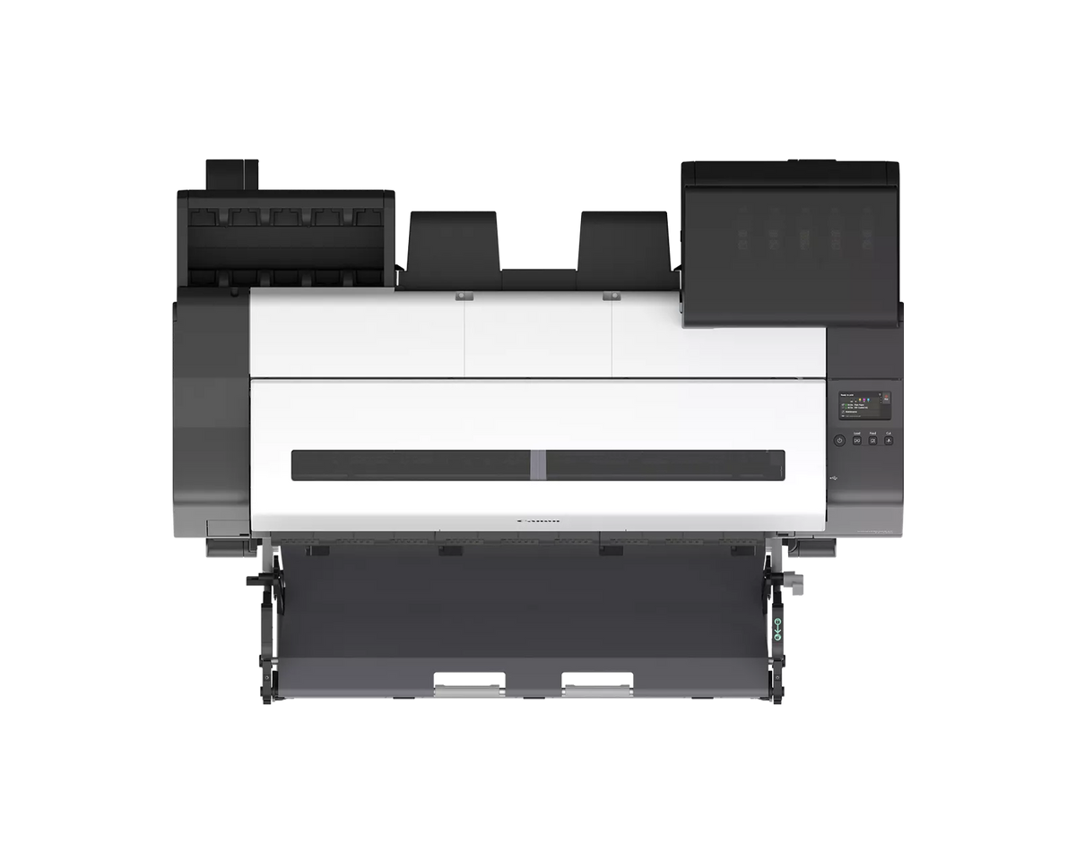 Top view of the Canon imagePROGRAF TX-3300 36-inch printer showing the control panel, ink compartment and output basket