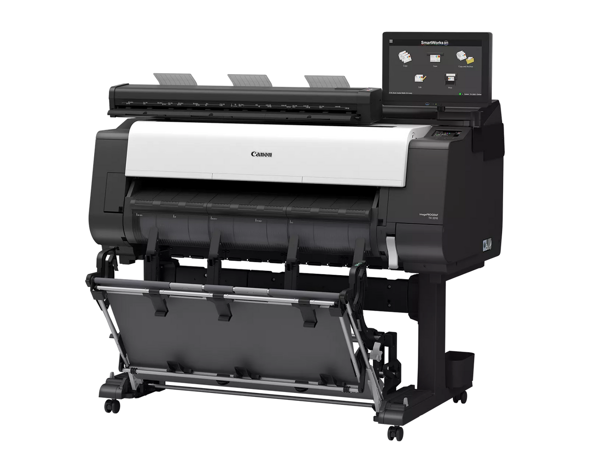 Canon imagePROGRAF TX-3310 MFP Z36 36-inch technical documents printer and scanner at an angle, on a wheeled stand with output basket