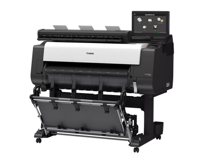Canon imagePROGRAF TX-3310 MFP Z36 36-inch technical documents printer and scanner at an angle, on a wheeled stand with output basket