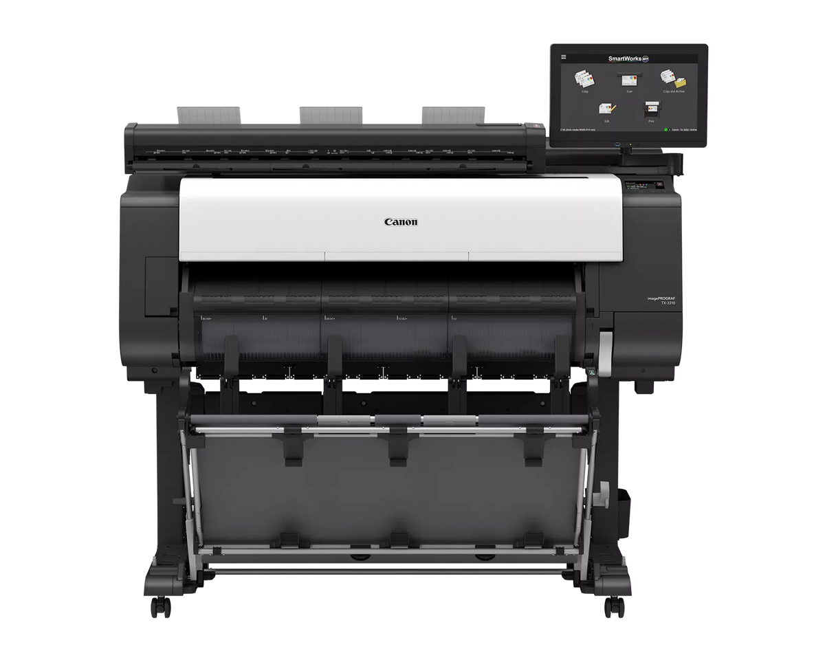 Canon imagePROGRAF TX-3310 MFP Z36 36-inch large format multifunction printer with Z36 scanner, SmartWorks touchscreen, stand and output basket, front view