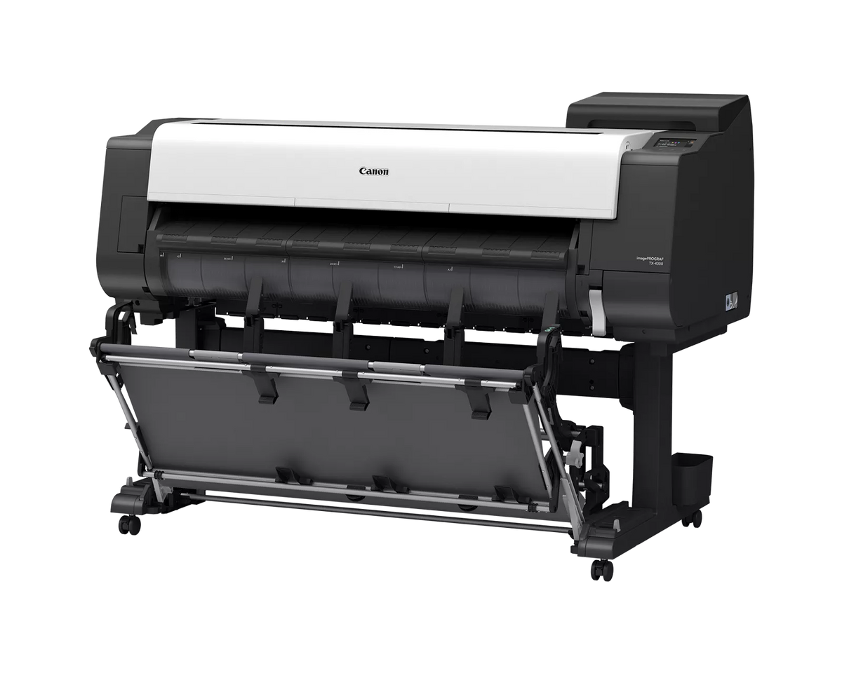 Canon imagePROGRAF TX-4300 44-inch technical documents printer at an angle, on a wheeled stand with output basket