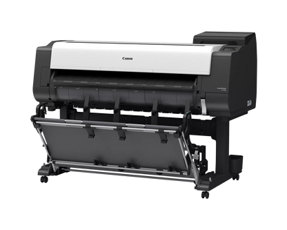 Canon imagePROGRAF TX-4300 44-inch technical documents printer at an angle, on a wheeled stand with output basket