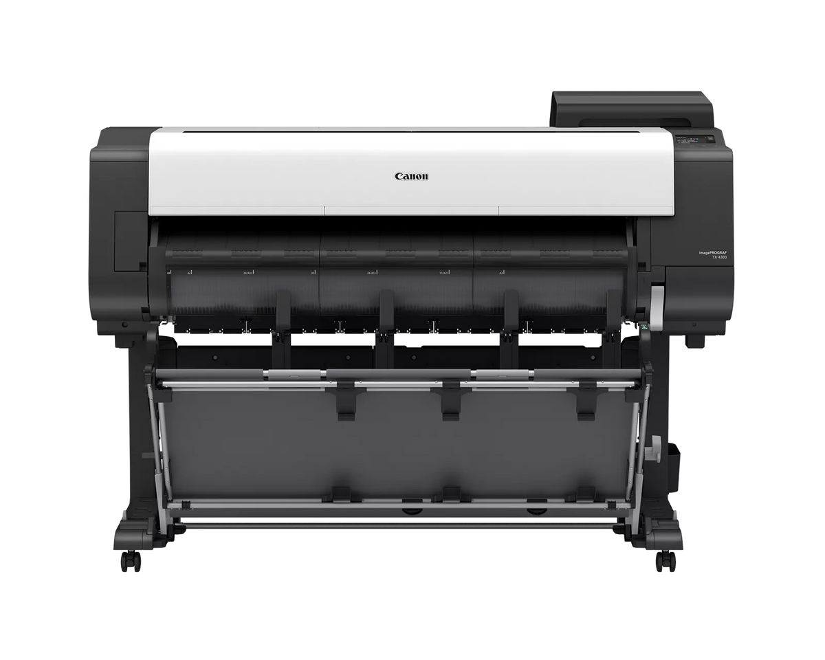 Canon imagePROGRAF TX-4300 44-inch large format technical documents printer on stand with output basket, front view