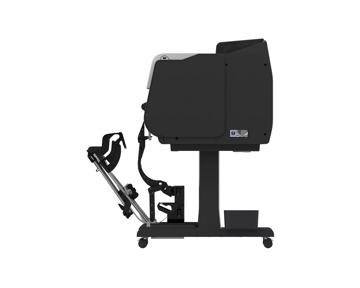 Side view of the Canon imagePROGRAF TX-4300 44-inch printer showing the stand, output basket arms and storage bin