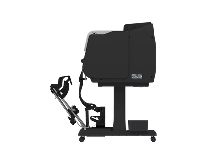 Side view of the Canon imagePROGRAF TX-4300 44-inch printer showing the stand, output basket arms and storage bin