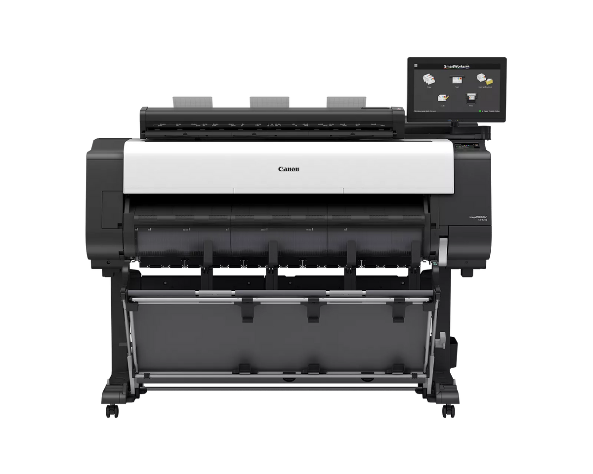 Canon imagePROGRAF TX-4310 MFP Z36 44-inch large format multifunction printer with Z36 scanner, SmartWorks touchscreen, stand and output basket, front view
